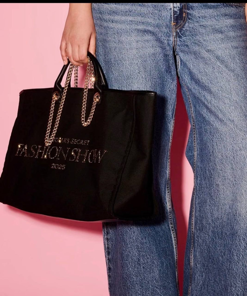 Victoria’s Secret Fashion Show 2025 Black Tote Bag Gold Chain Large Canvas New