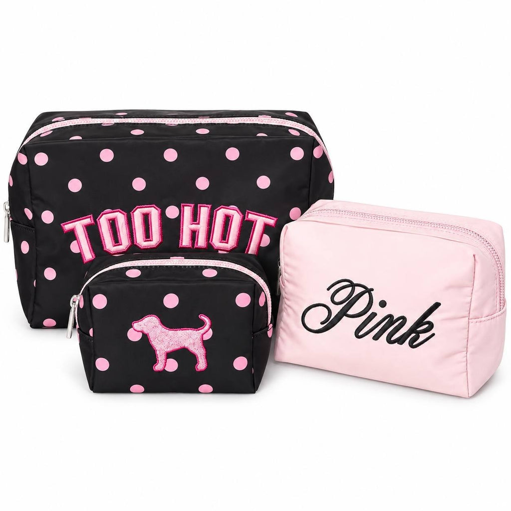 VS PINK Makeup Bag Trio Black Dot 3pc