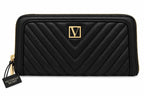 VS-WALLET-BLK-V01 Victoria’s Secret Black Quilted Zip Around Wallet Gold V