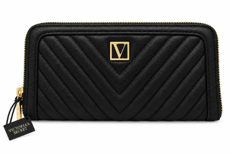 VS-WALLET-BLK-V01 Victoria’s Secret Black Quilted Zip Around Wallet Gold V