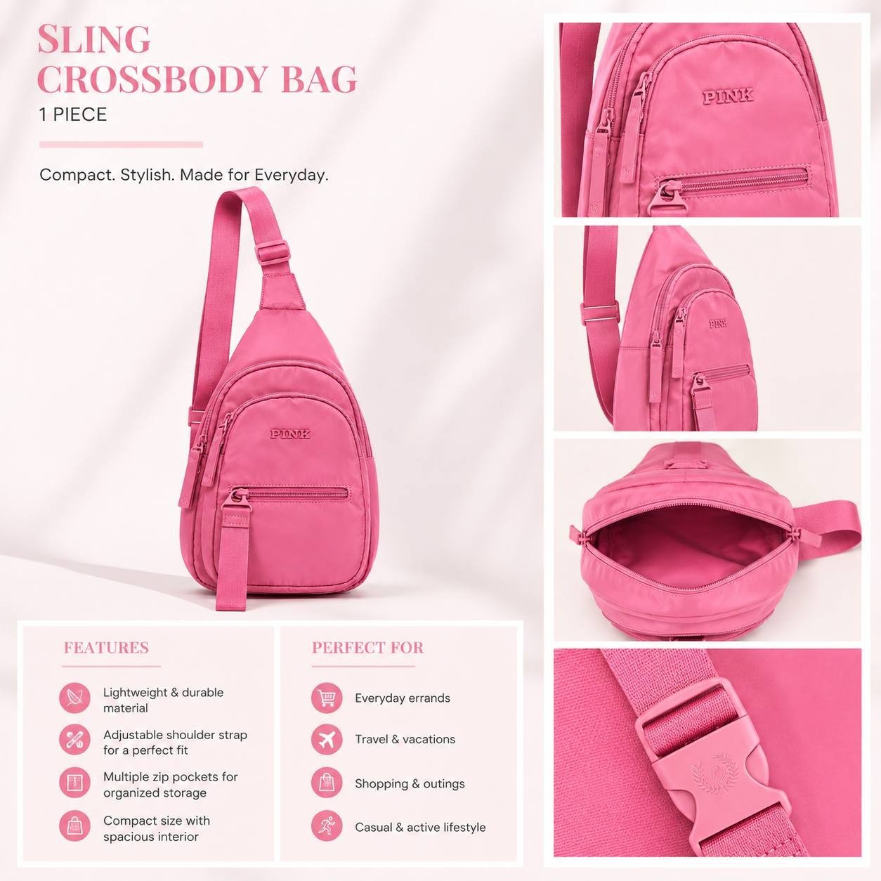 Victoria’s Secret PINK Pink Sling Crossbody Bag Nylon Adjustable Strap NWT