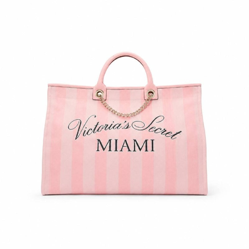 Victoria’s Secret Miami Pink Stripe Tote Bag Large Chain Handle Travel Beach