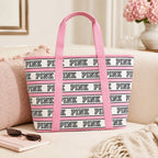 Victoria’s Secret PINK Canvas Tote Bag Pink Stripe Logo Zip Large NWT
