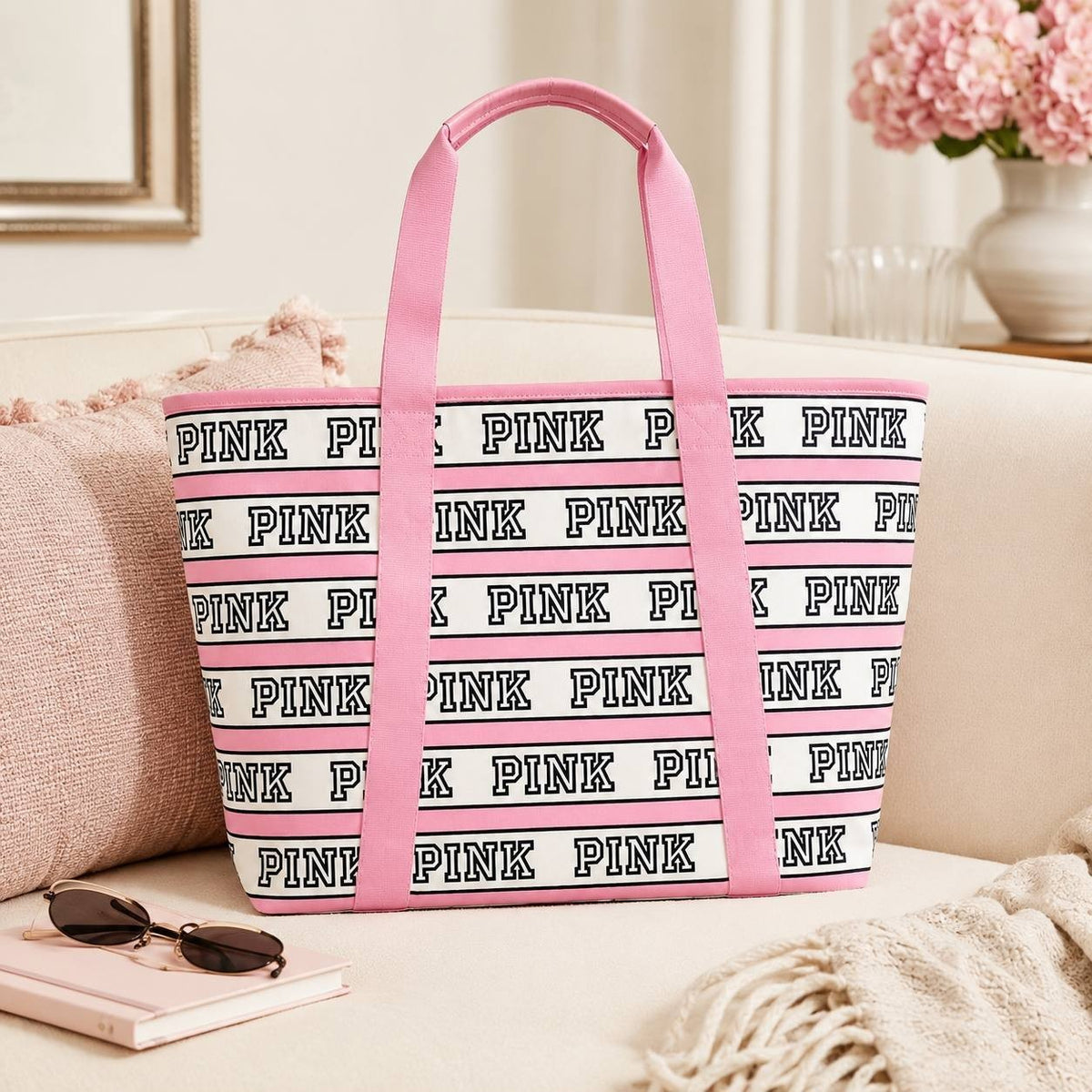 Victoria’s Secret PINK Canvas Tote Bag Pink Stripe Logo Zip Large NWT