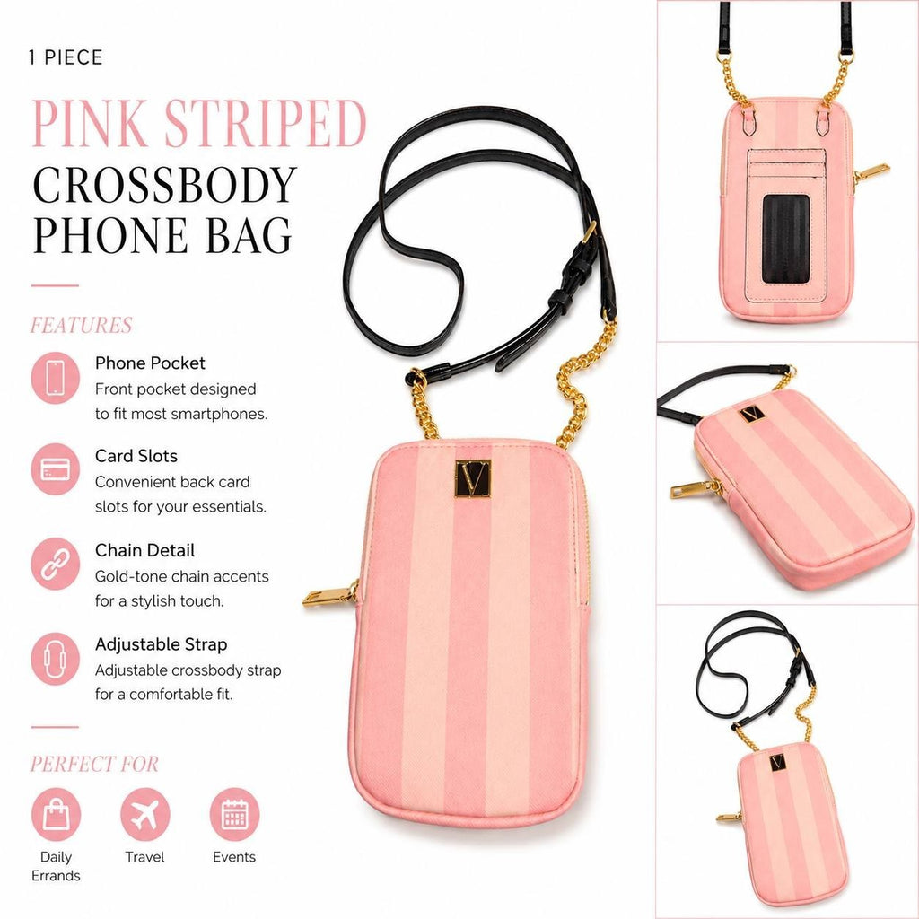 Victoria’s Secret Pink Stripe Crossbody Phone Bag Wallet Card Holder Chain Strap