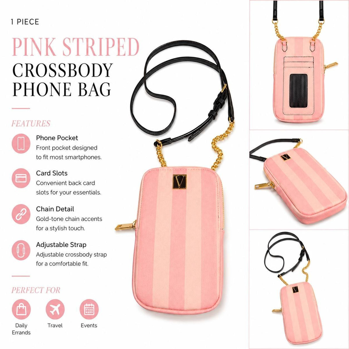 Victoria’s Secret Pink Stripe Crossbody Phone Bag Wallet Card Holder Chain Strap