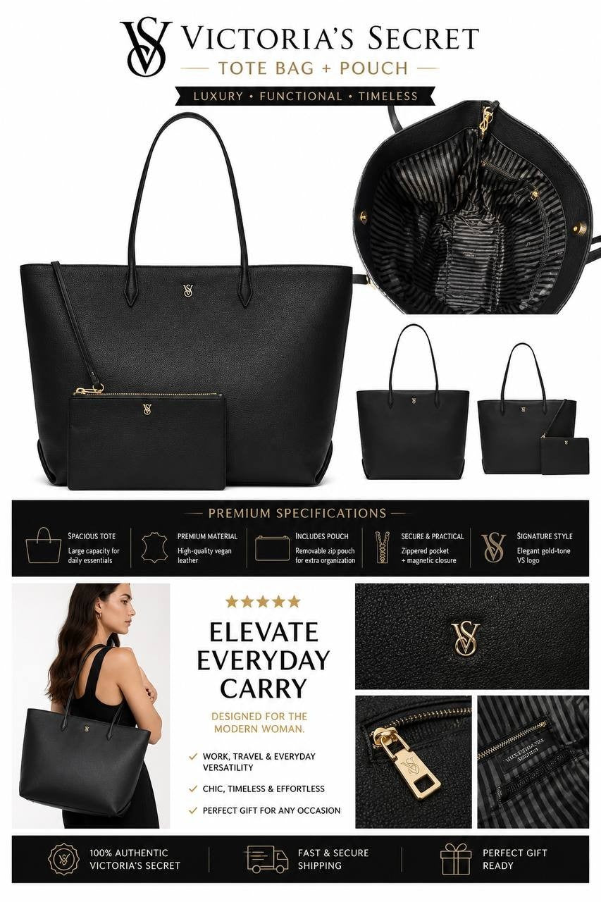 Victoria’s Secret Black Tote Bag & Wristlet Set NWT Large Shopper Purse