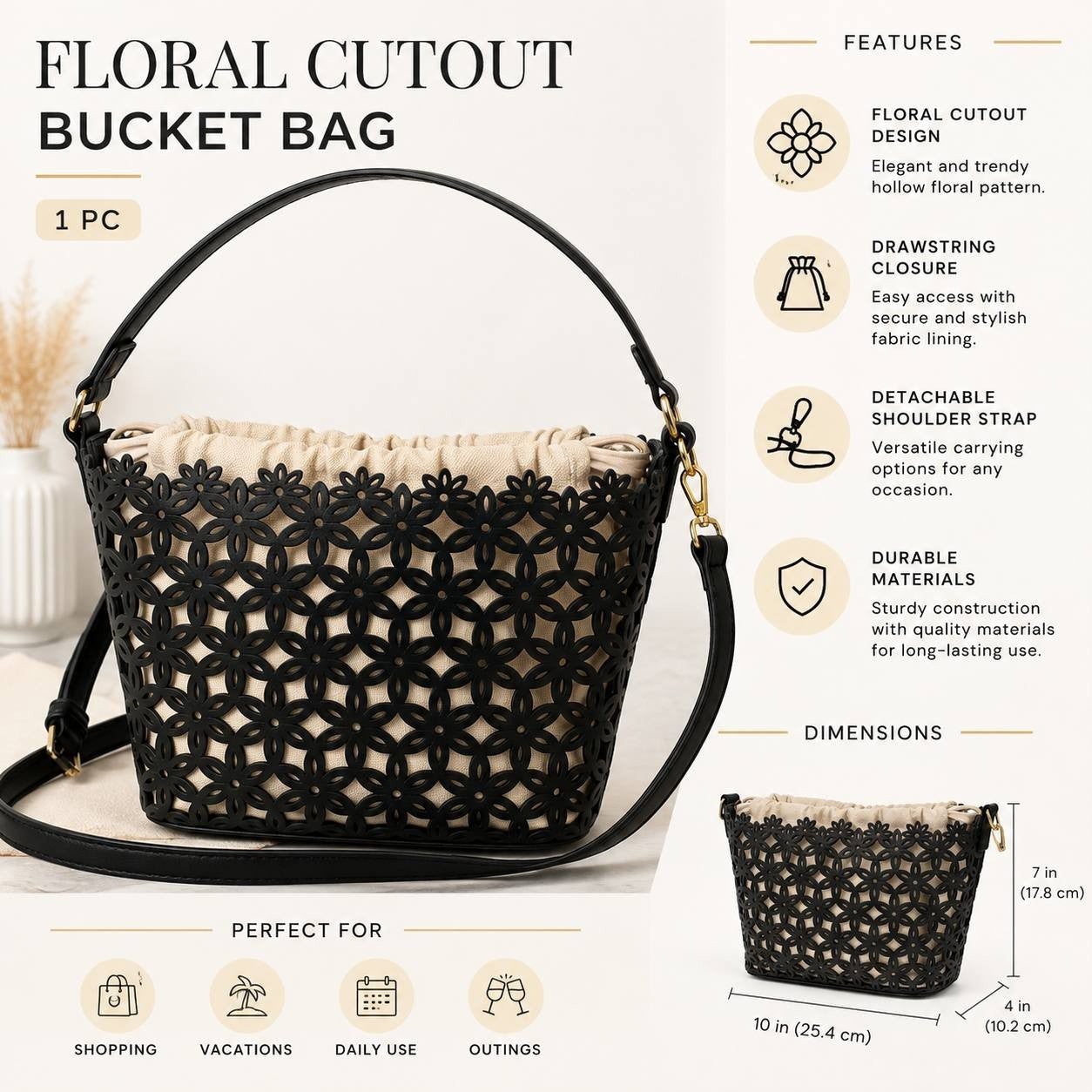 Victoria’s Secret Floral Cutout Bucket Bag Black Crossbody Shoulder Purse NWT