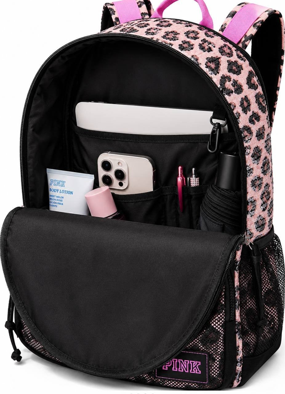 Victoria’s Secret PINK Sequin Leopard Backpack Pink Black 15” Laptop NWT