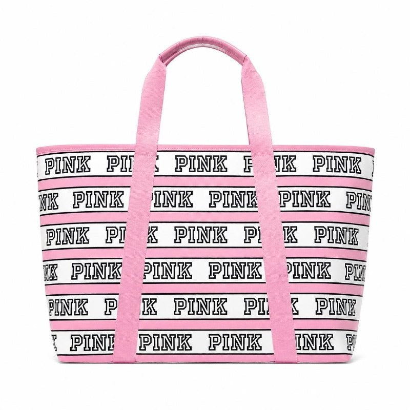 Victoria’s Secret PINK Canvas Tote Bag Pink Stripe Logo Zip Large NWT