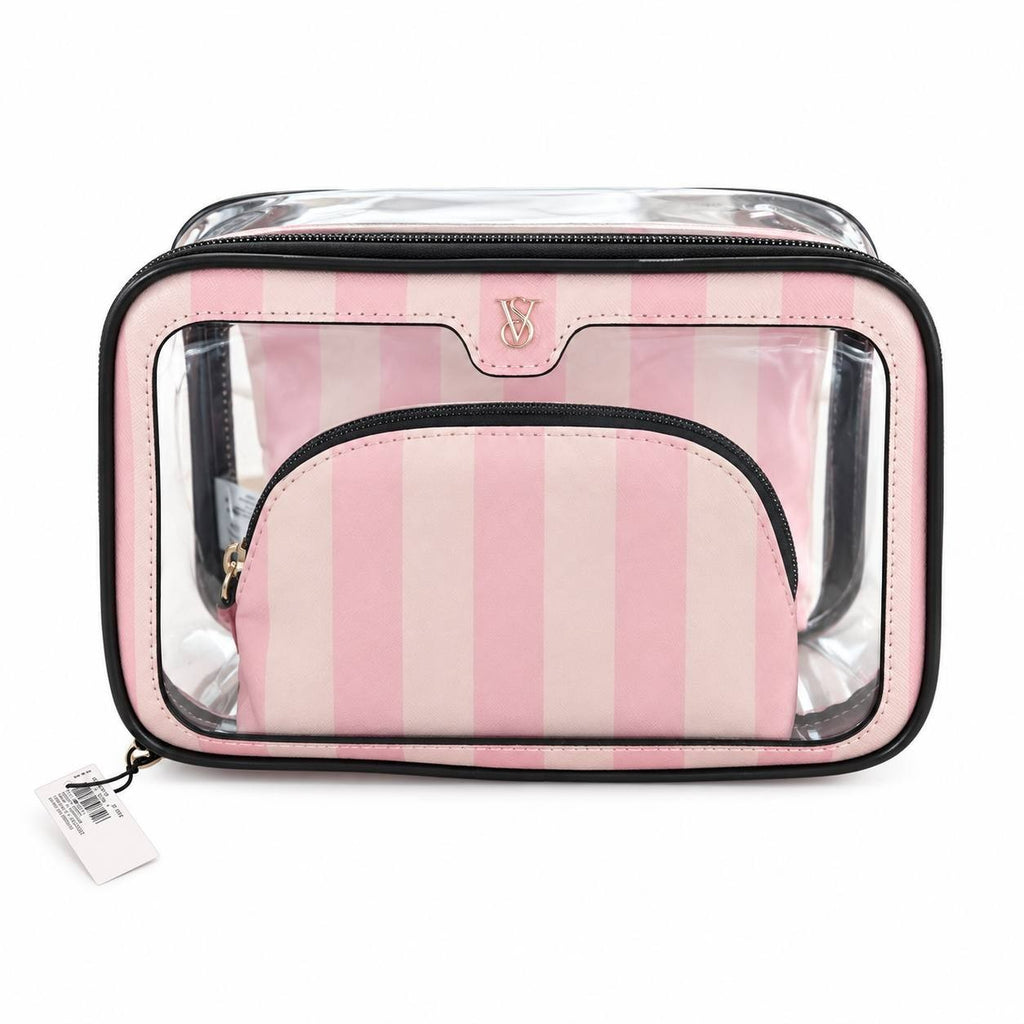 Victoria’s Secret Pink Stripe 3-Piece Cosmetic Bag Travel Pouch Set New