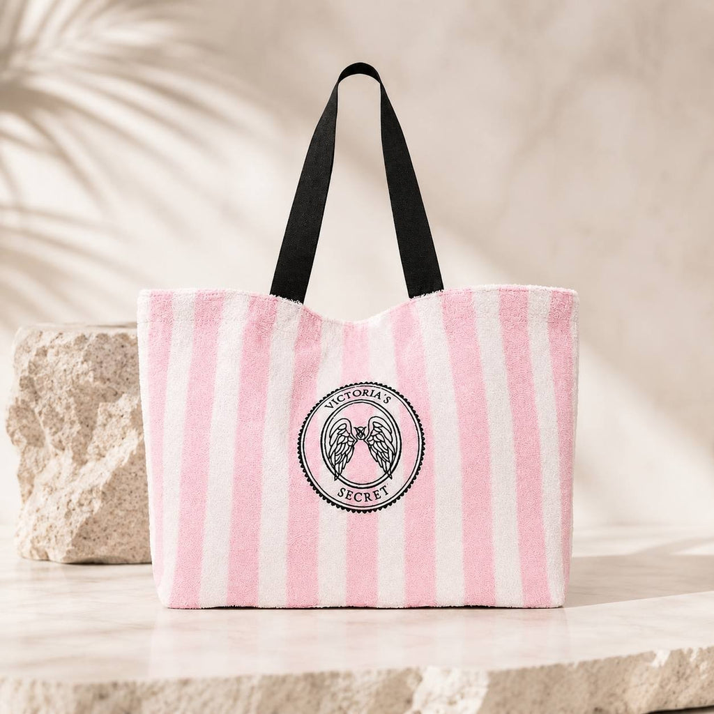 Victoria’s Secret Heritage Striped Terry Cloth Tote Beach Bag Pink White NWT