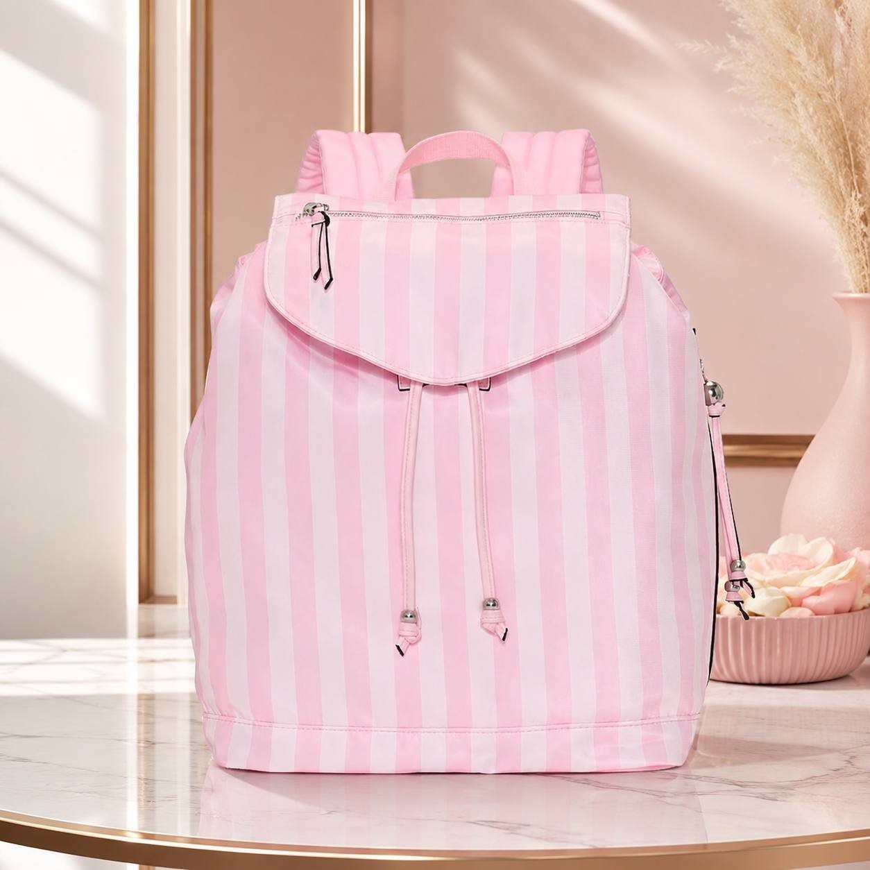 Victoria’s Secret Pink Stripe Drawstring Backpack Travel Gym School Laptop Bag