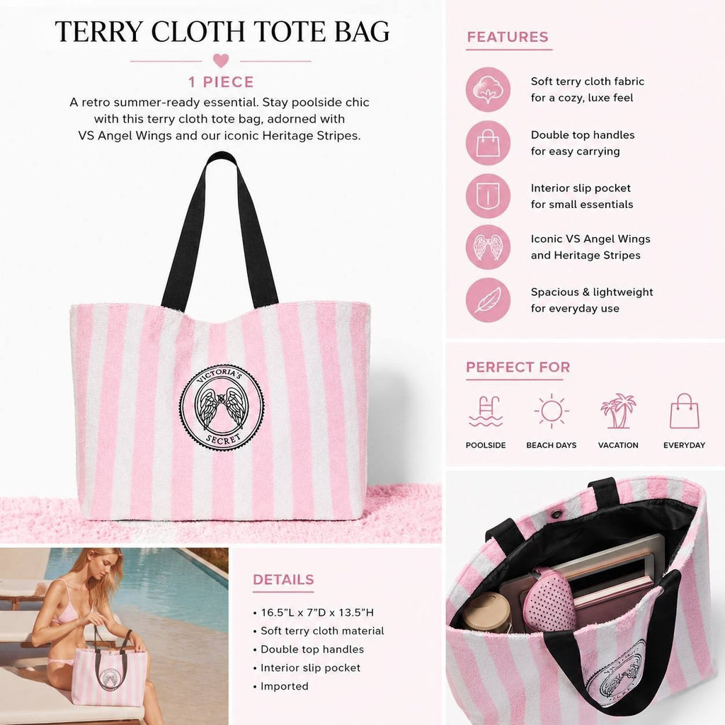 Victoria’s Secret Heritage Striped Terry Cloth Tote Beach Bag Pink White NWT