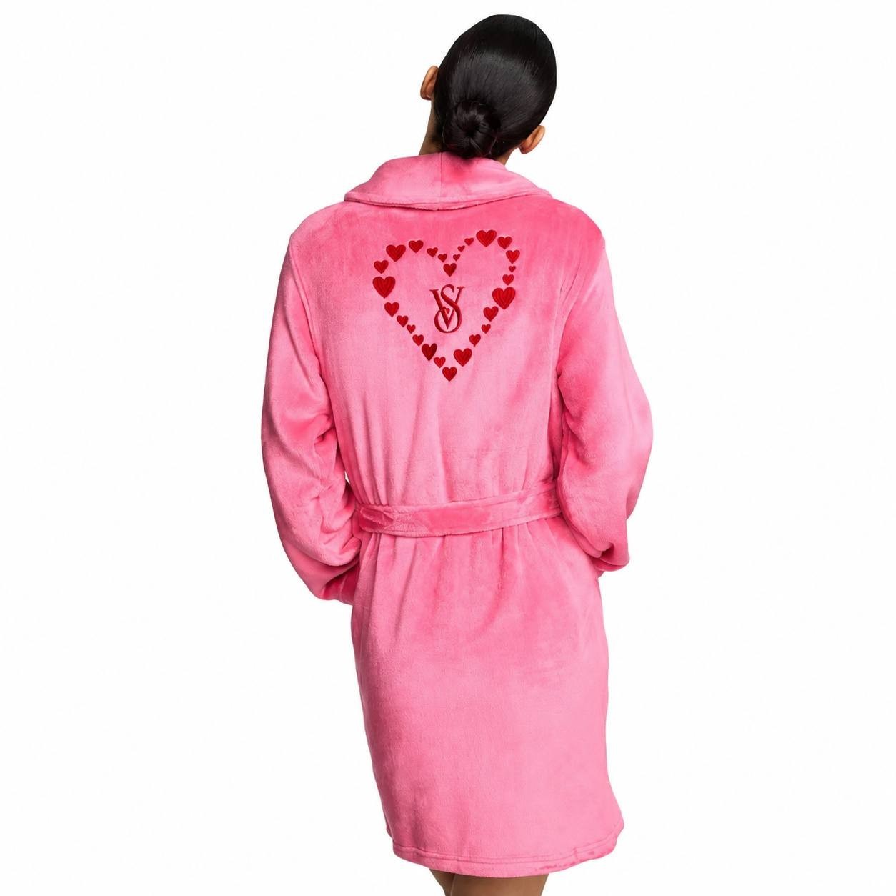 Victoria’s Secret Pink Plush Heart Robe Soft Fleece Belted Bathrobe NWT XS