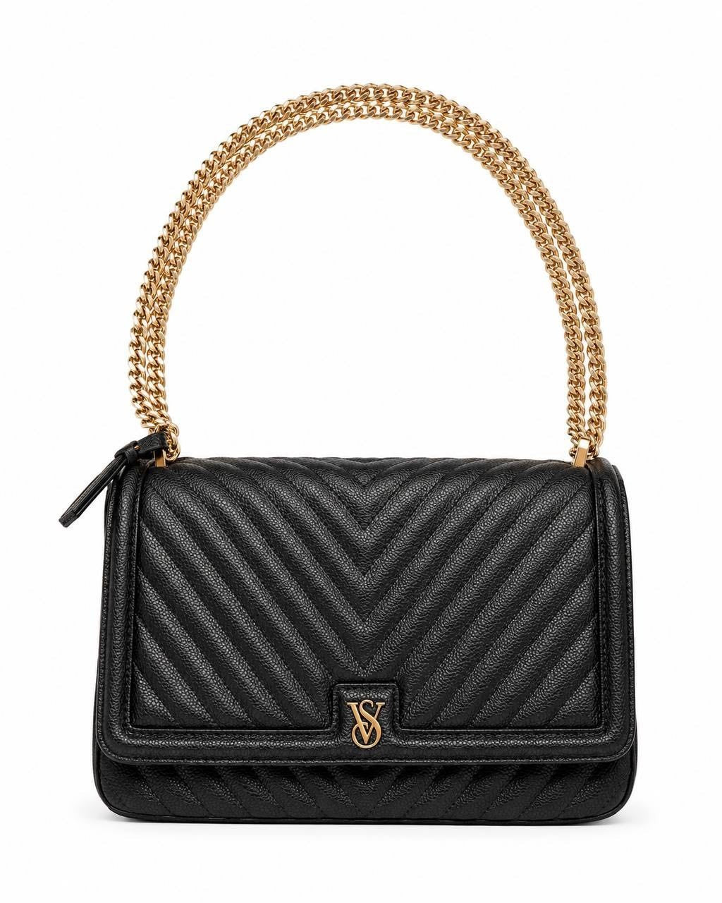 Victoria’s Secret Black Quilted Shoulder Bag Gold Chain VS Logo