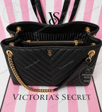 Victoria Secret Black Quilted Tote Bag Gold Chain Large Shoulder Bag NWT