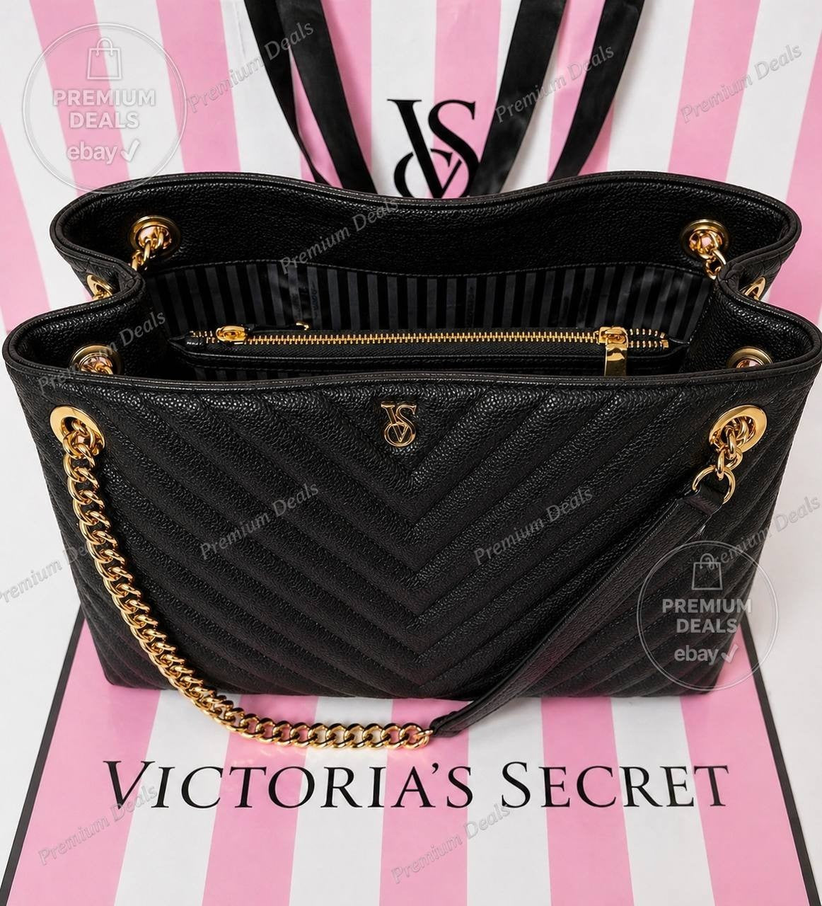 Victoria Secret Black Quilted Tote Bag Gold Chain Large Shoulder Bag NWT