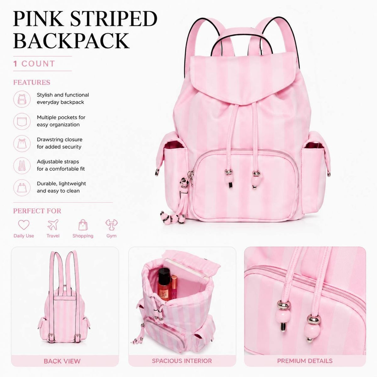 Victoria’s Secret Pink Striped Mini Backpack Drawstring Travel Casual Bag NWT