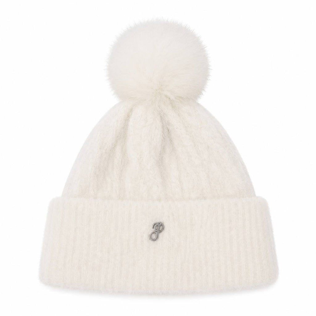 Victoria’s Secret Plush Knit Beanie Hat Ivory Faux Fur Pom Winter One Size