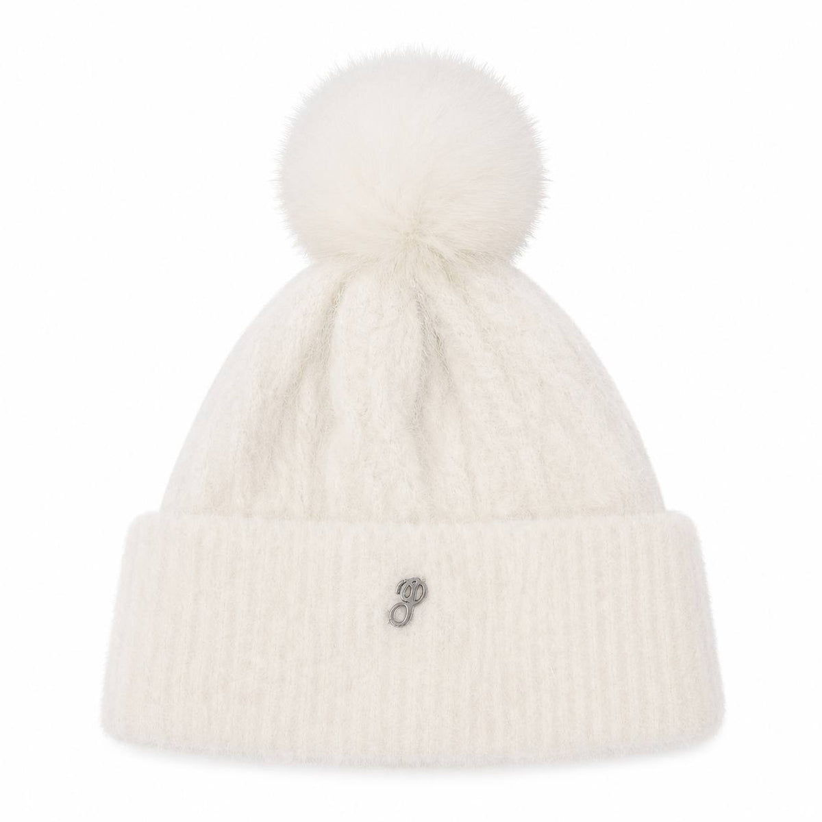 Victoria’s Secret Plush Knit Beanie Hat Ivory Faux Fur Pom Winter One Size