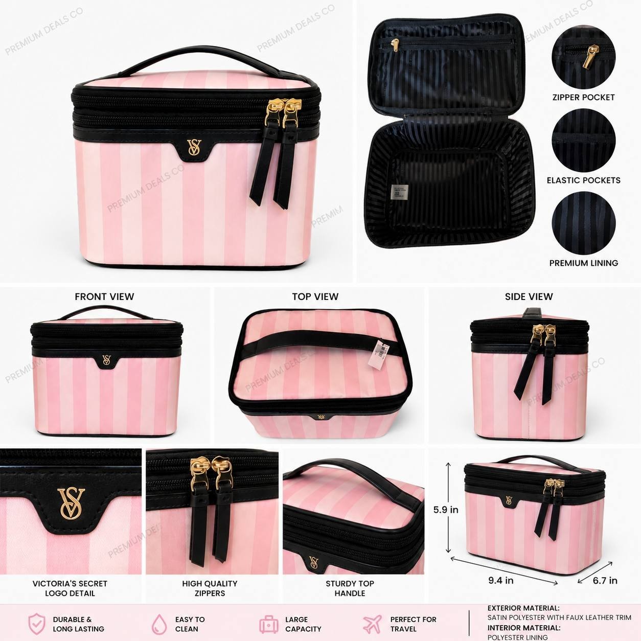 Victoria’s Secret Pink Stripe Cosmetic Bag Travel Makeup Case Large NWT