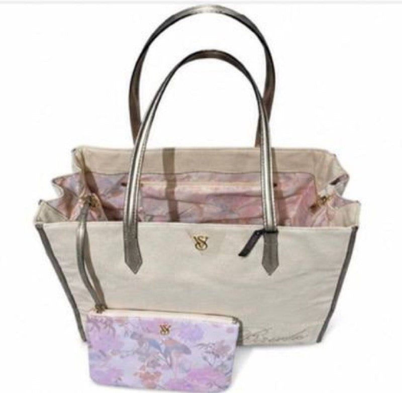 Victoria’s Secret Bride Tote Bag & Floral Pouch Set NWT Ivory Gold