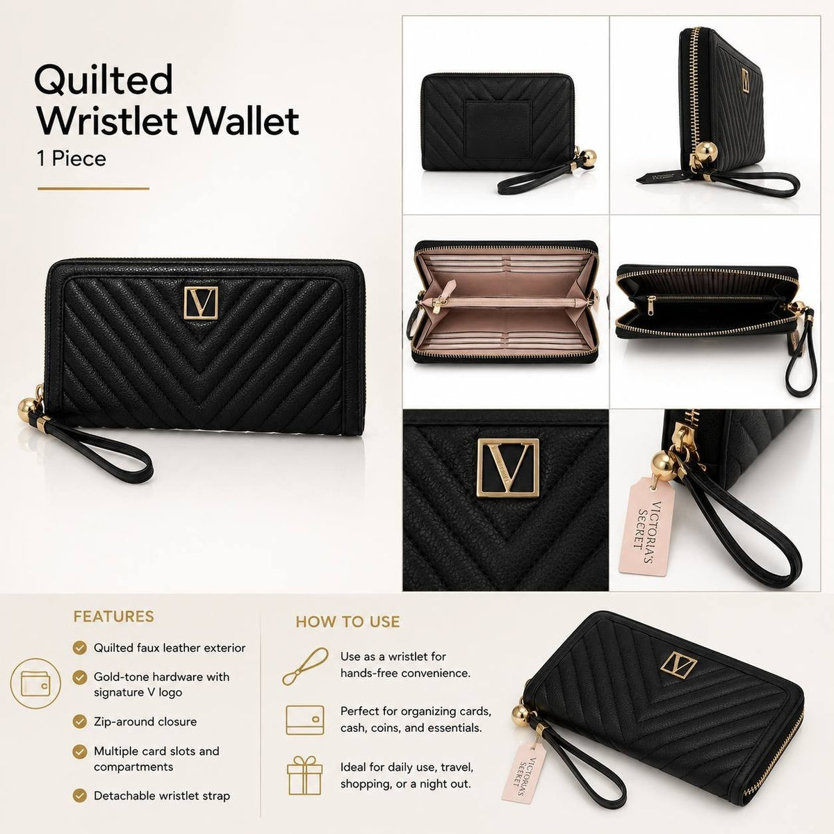 Victoria’s Secret Black Zip Around Wallet Wristlet Card Holder Clutch New