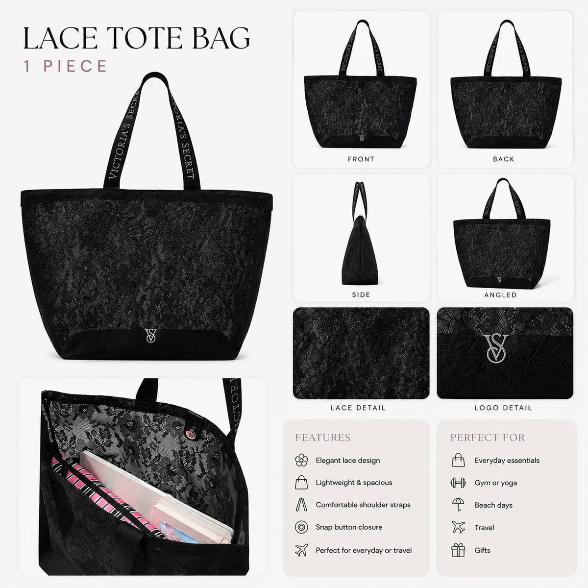 Victoria’s Secret Black Lace Tote Bag Large Shoulder Travel Beach Shopper Purse