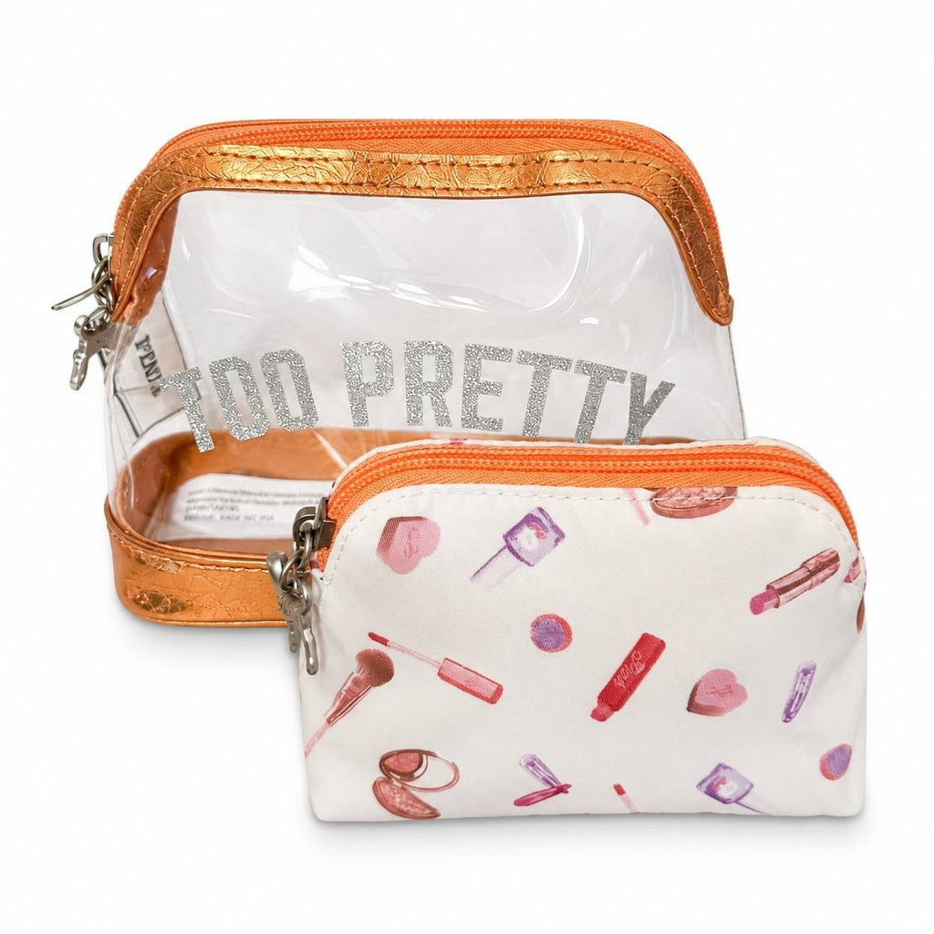PINK Victoria’s Secret Too Pretty 2PC Cosmetic Makeup Bag Set Orange Clear