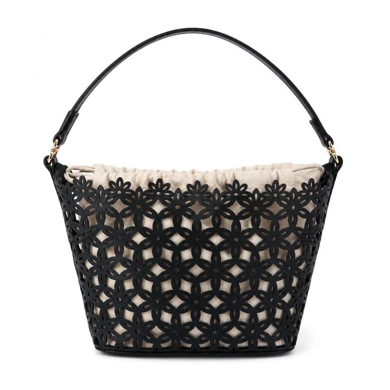 Victoria’s Secret Floral Cutout Bucket Bag Black Crossbody Shoulder Purse NWT
