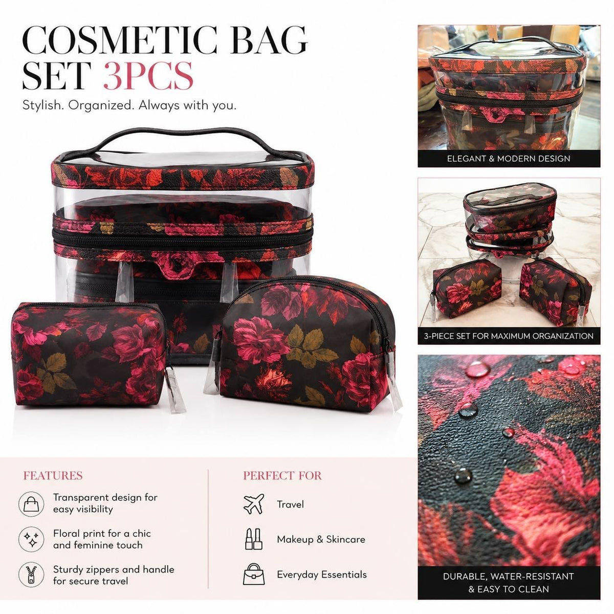 Victoria’s Secret 3-Piece Floral Cosmetic Bag Travel Makeup Organizer Set NWT