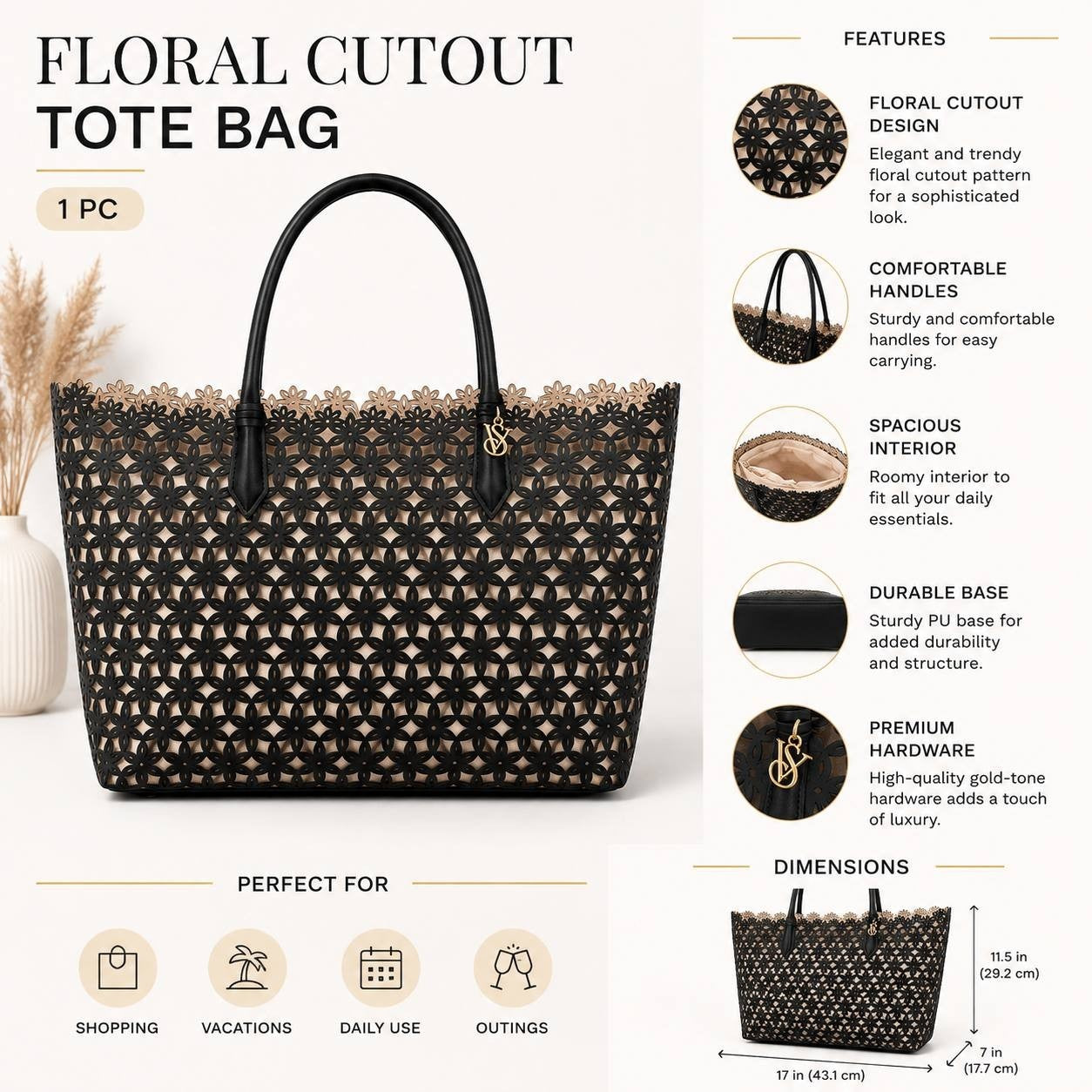 Victoria’s Secret Black Floral Cutout Tote Bag Canvas Insert Large Shopper Beach