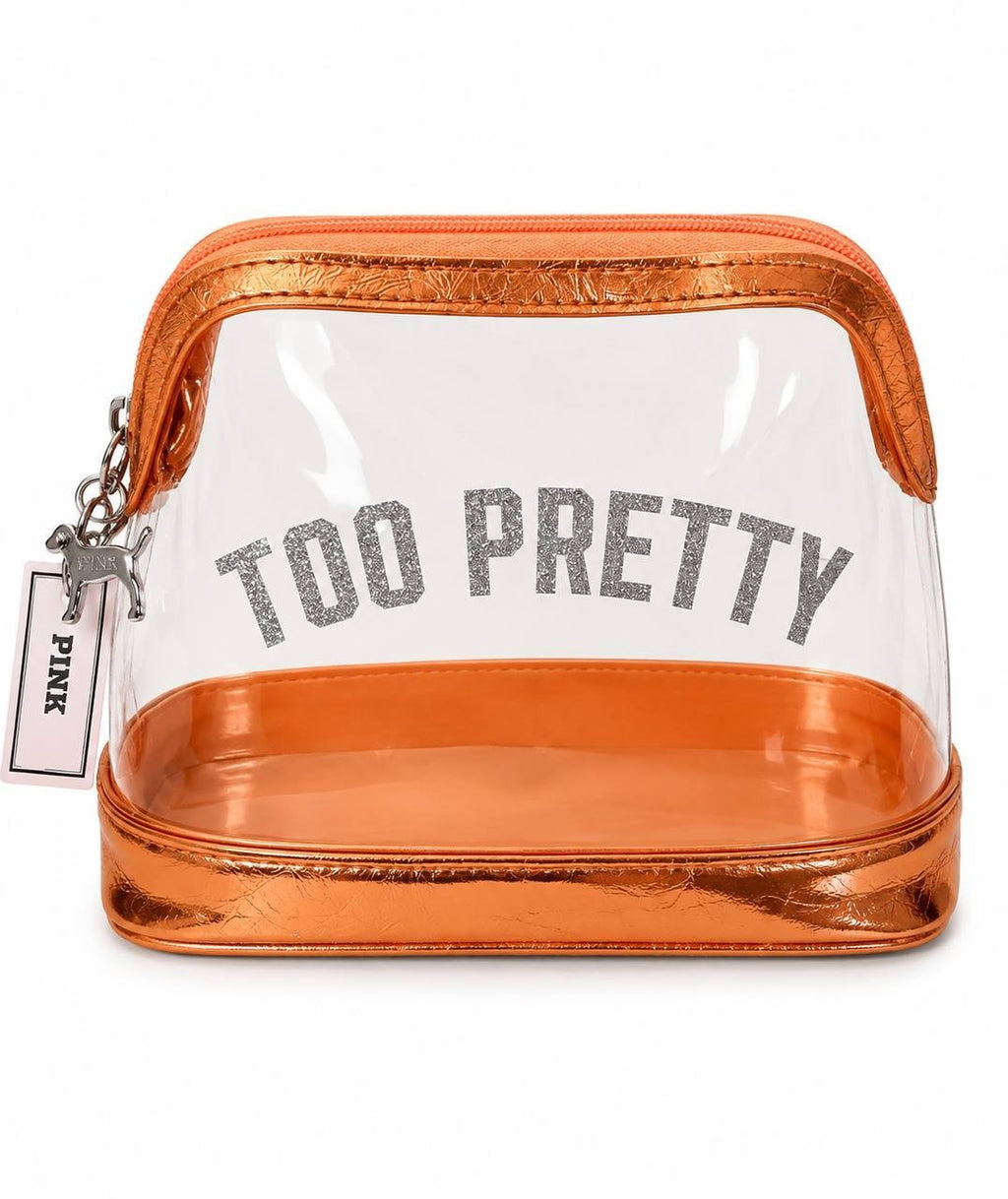 PINK Victoria’s Secret Too Pretty 2PC Cosmetic Makeup Bag Set Orange Clear