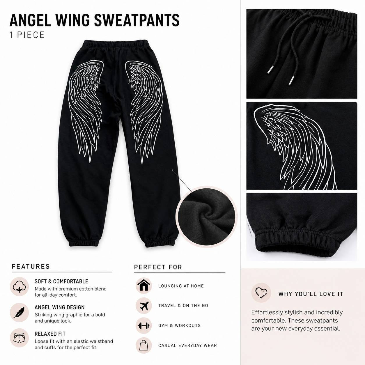 Angel Wing Graphic Jogger Sweatpants Black Fleece Casual Lounge Pants