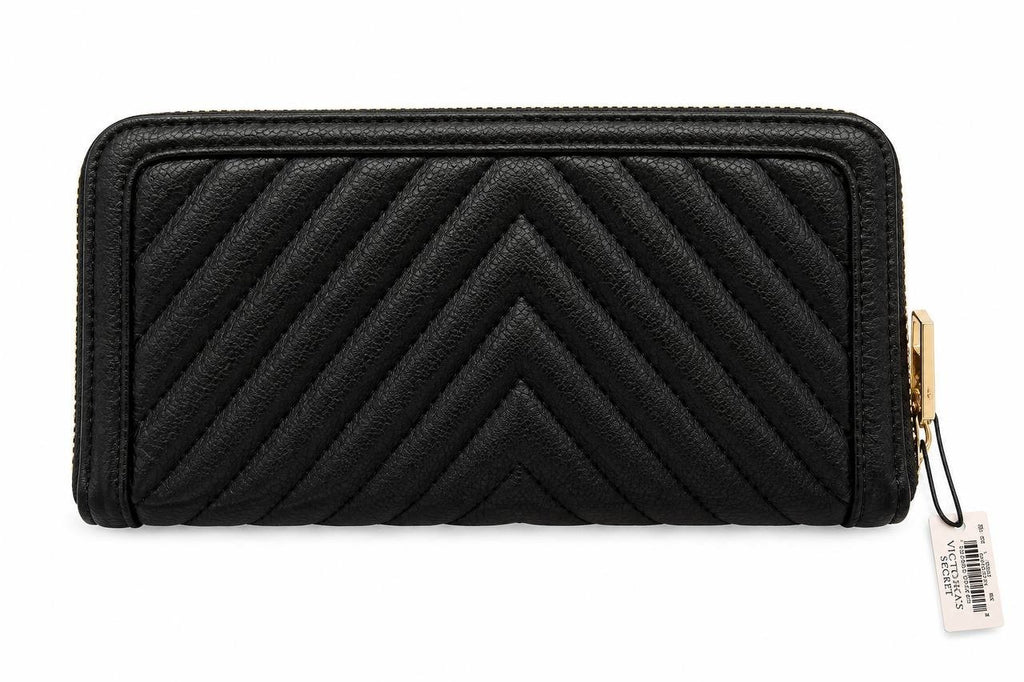 VS-WALLET-BLK-V01 Victoria’s Secret Black Quilted Zip Around Wallet Gold V