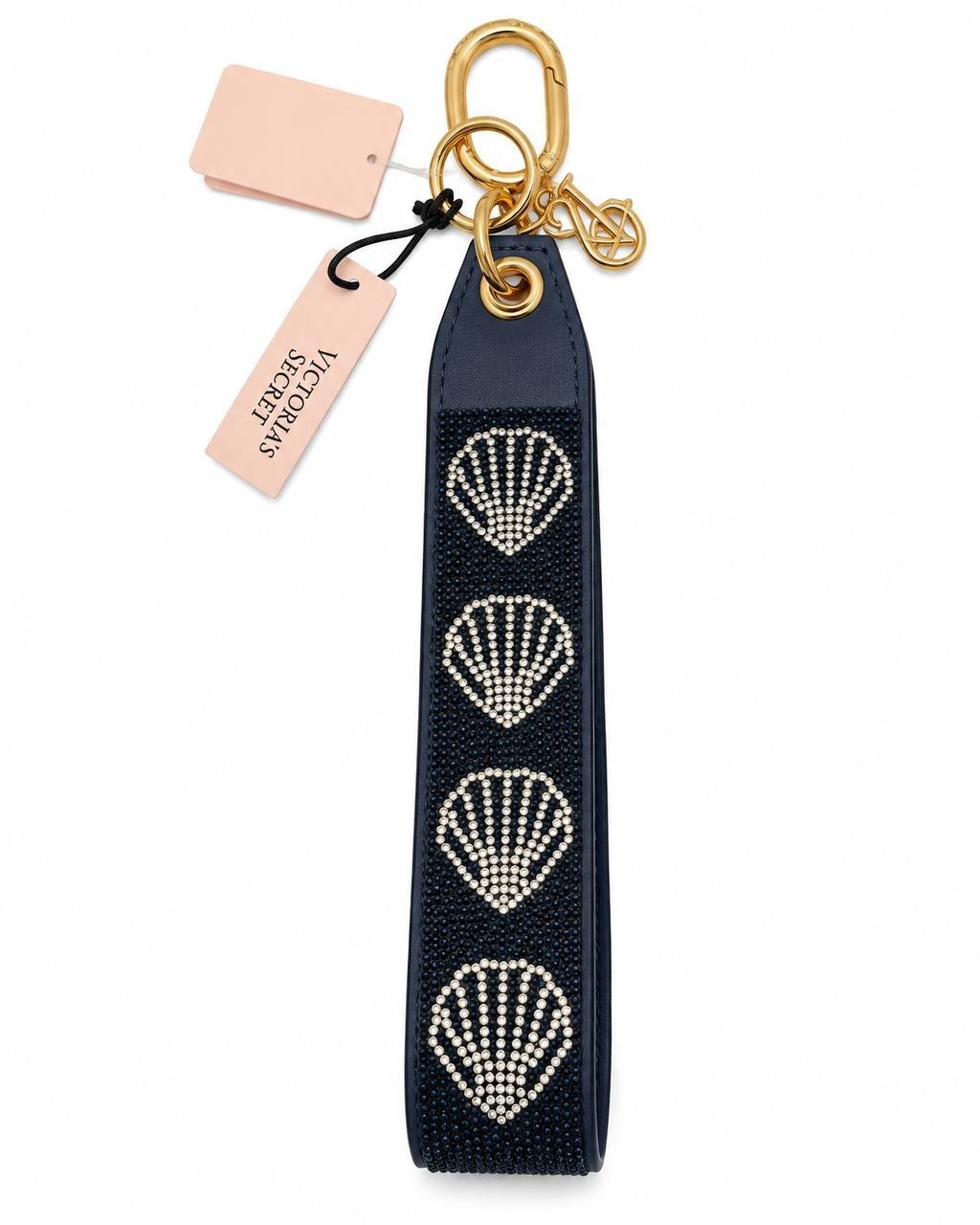 Victoria’s Secret Black Rhinestone Shell Wristlet Keychain Gold Tone NWT
