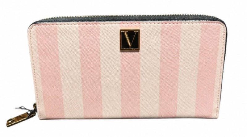 Victoria’s Secret Pink Stripe Zip Around Wallet Clutch NWT Gold Logo