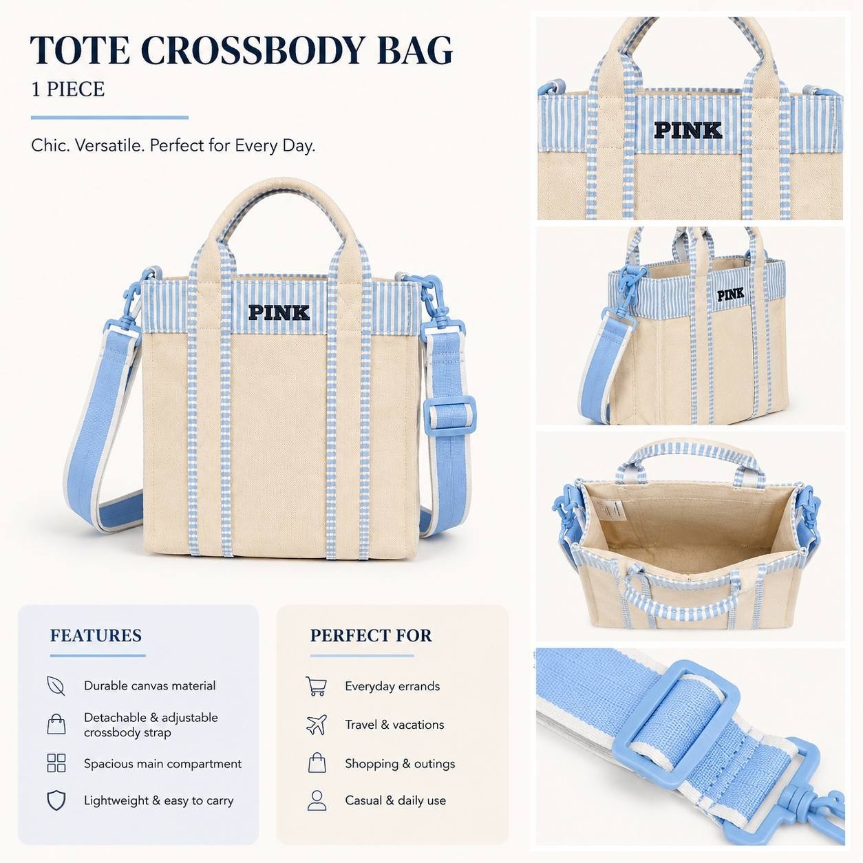 PINK Victoria’s Secret Blue Canvas Crossbody Tote Bag Adjustable Strap NWT