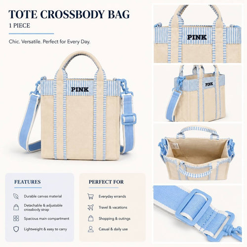 PINK Victoria’s Secret Blue Canvas Crossbody Tote Bag Adjustable Strap NWT