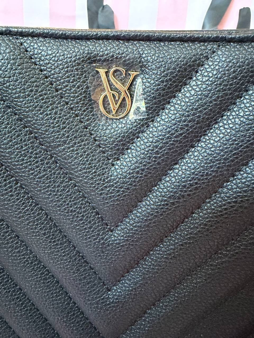 Victoria Secret Black Quilted Tote Bag Gold Chain Large Shoulder Bag NWT