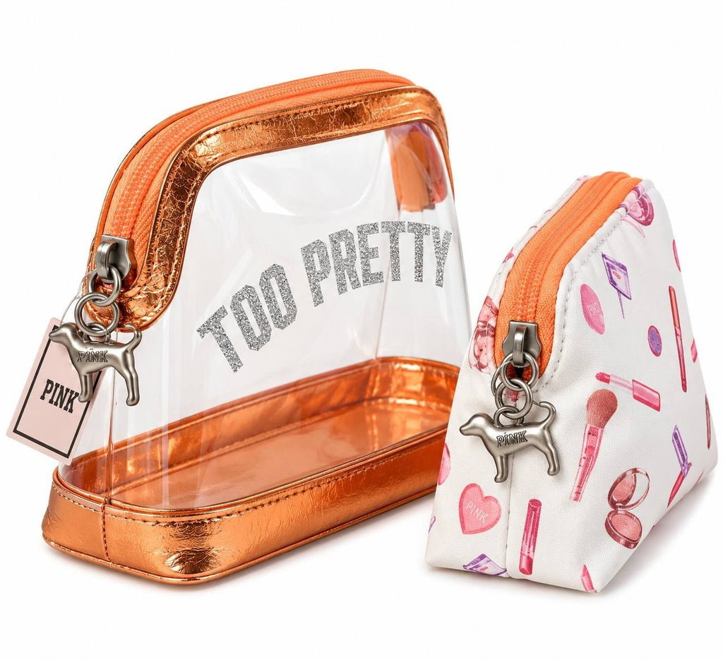 PINK Victoria’s Secret Too Pretty 2PC Cosmetic Makeup Bag Set Orange Clear