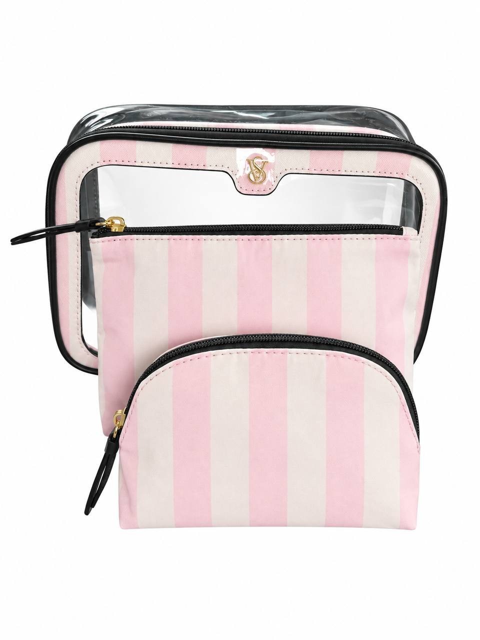 Victoria’s Secret Pink Stripe 3-Piece Cosmetic Bag Travel Pouch Set New