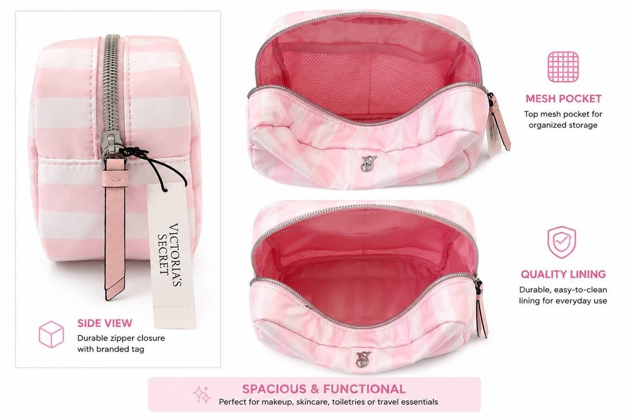 Victoria’s Secret Pink Stripe Cosmetic Makeup Bag Travel Pouch NWT