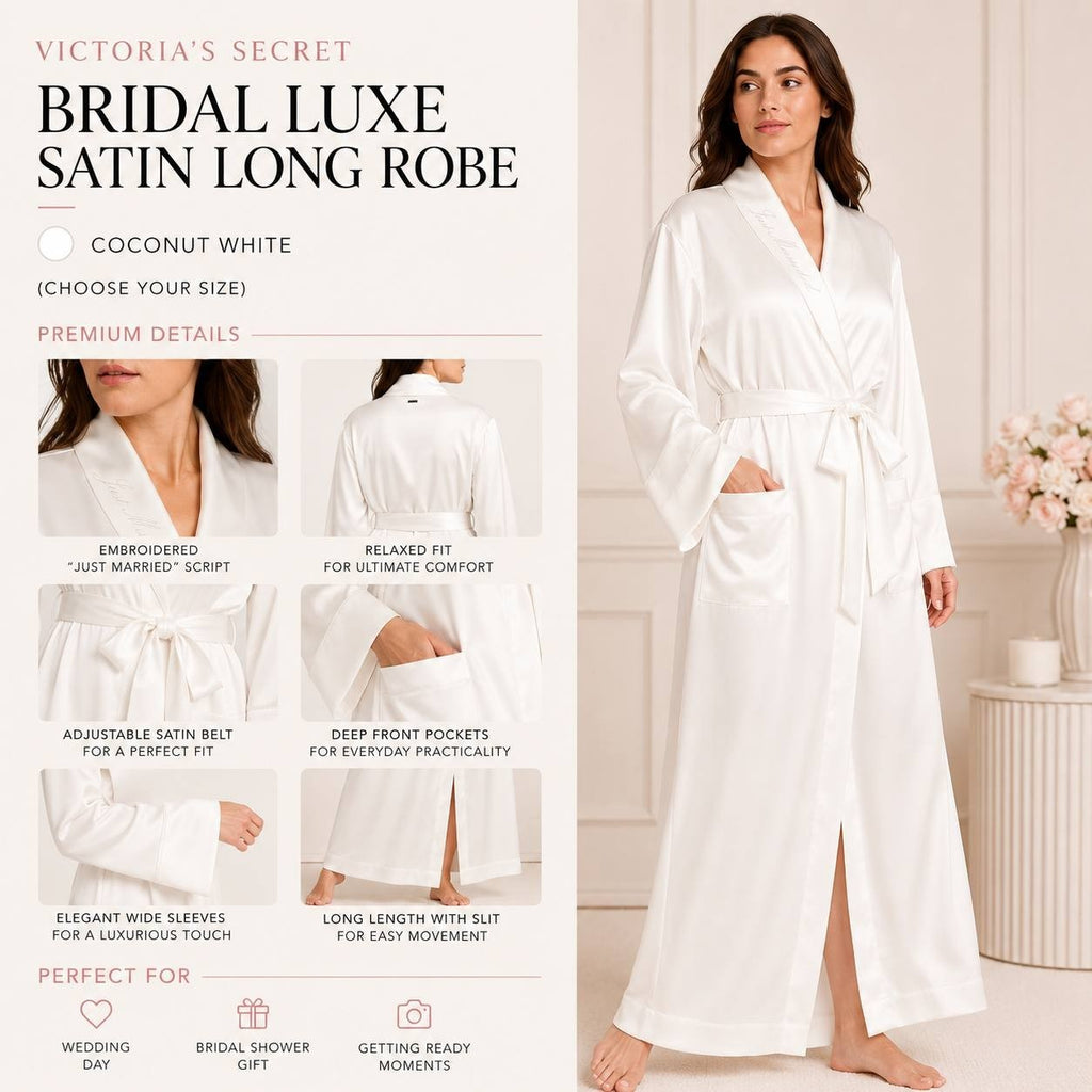 VS Bridal Luxe Satin Long Robe Coconut White Relaxed Fit Wedding Bride
