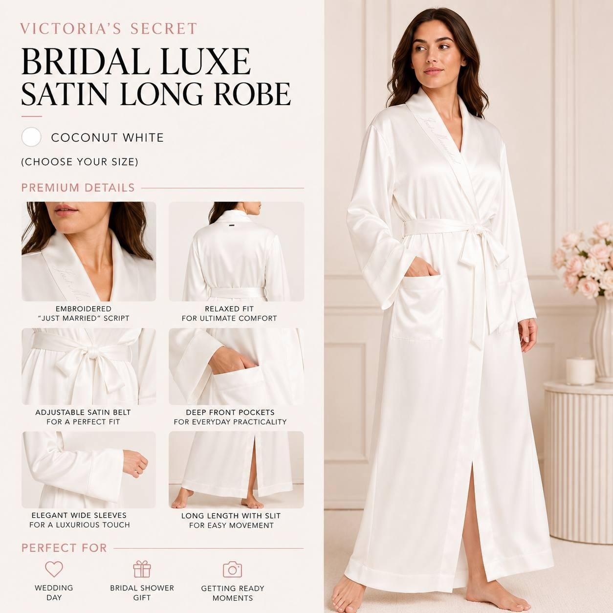 VS Bridal Luxe Satin Long Robe Coconut White Relaxed Fit Wedding Bride