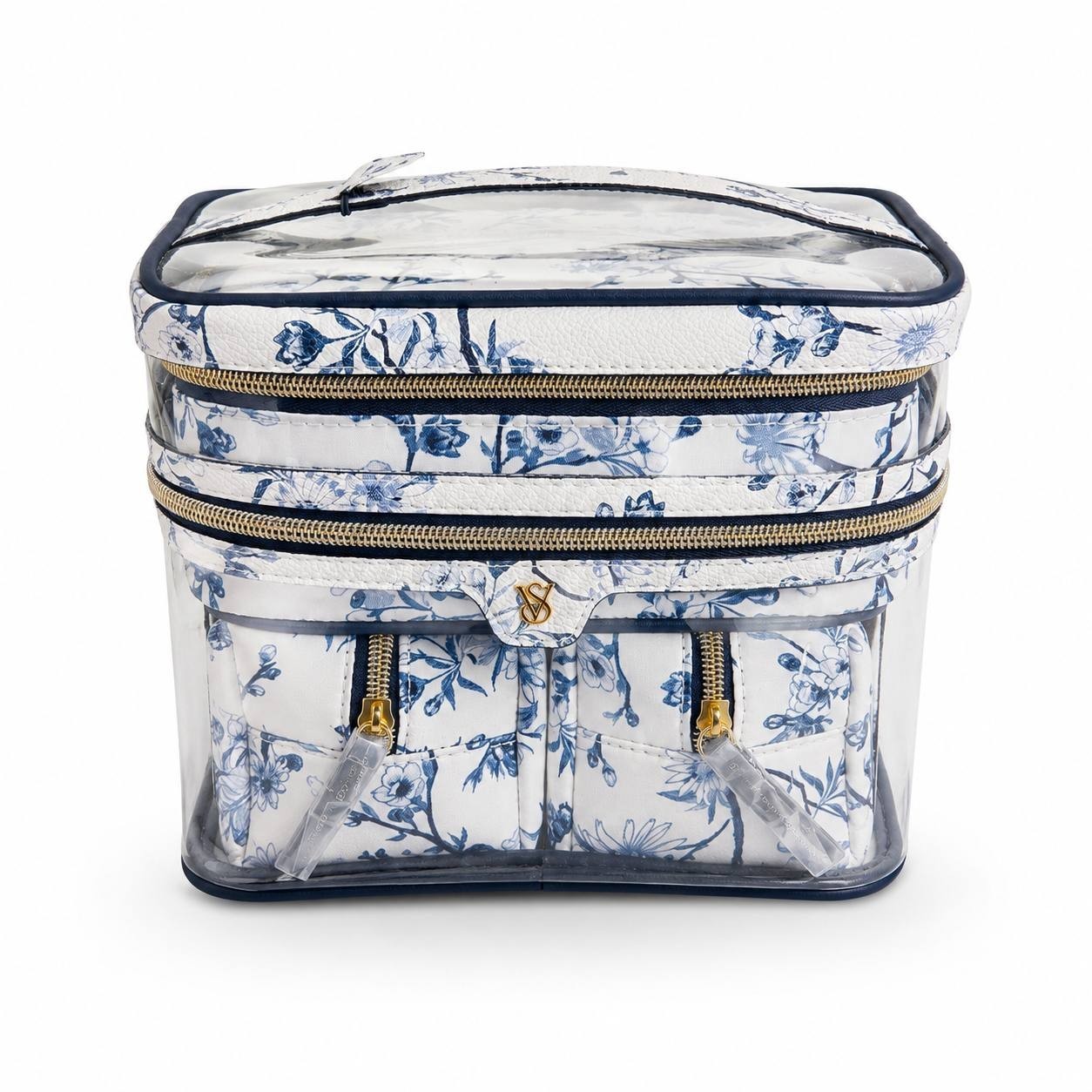 Victoria’s Secret 3-Piece Floral Travel Cosmetic Bag Set Clear Train Case Blue N