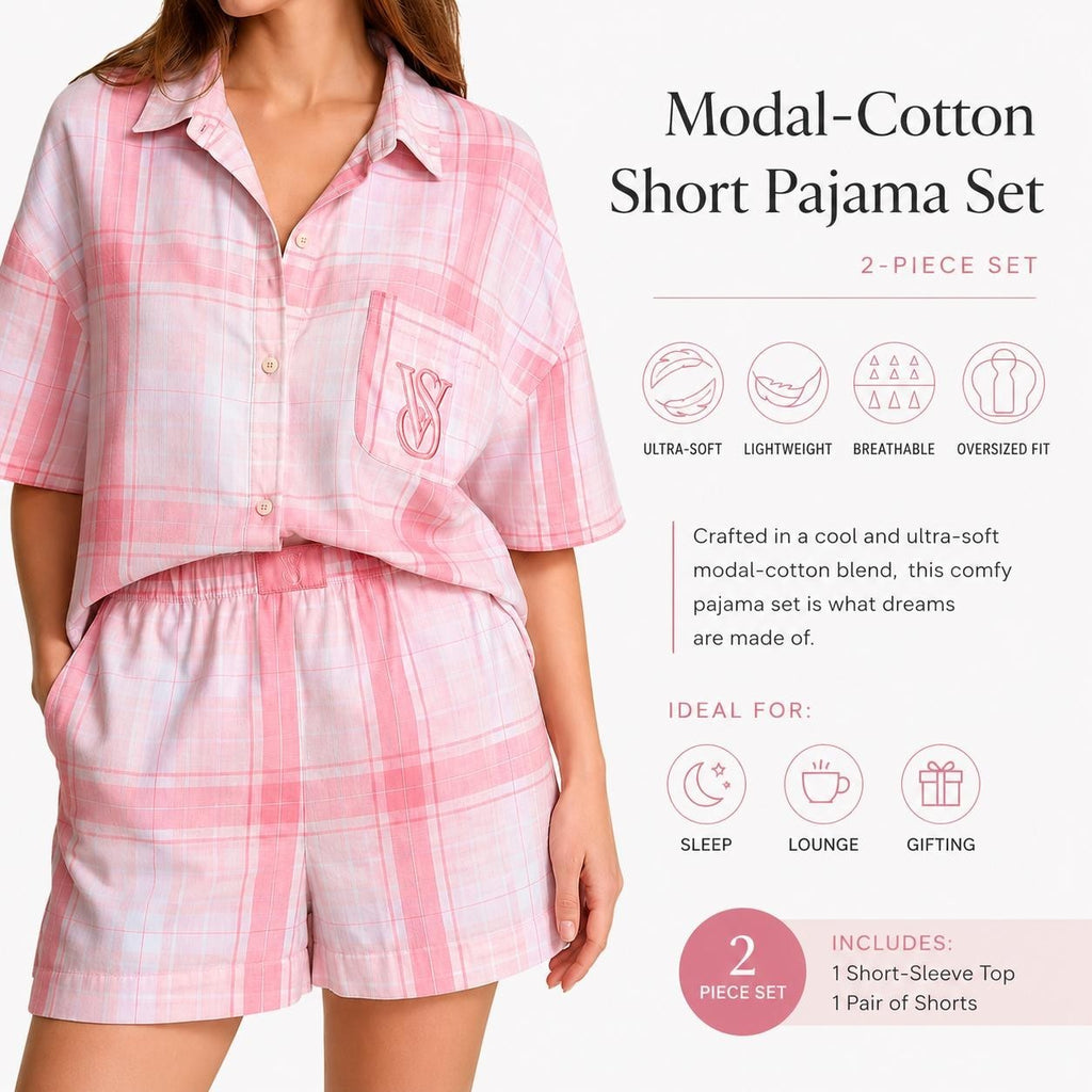 Victoria’s Secret Modal Cotton Short Pajama Set Pink Plaid 2 Piece Sleepwear NWT