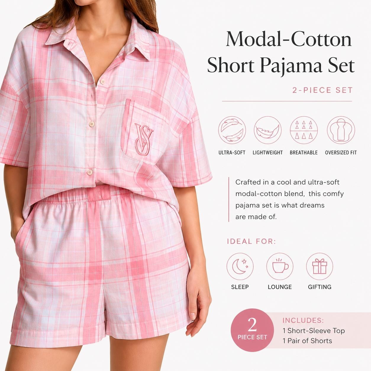 Victoria’s Secret Modal Cotton Short Pajama Set Pink Plaid 2 Piece Sleepwear NWT