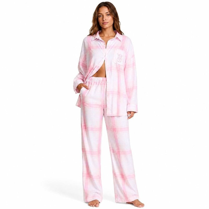 VS Modal Cotton Long Pajama Set Pink Plaid Button Front Sleepwear S- L